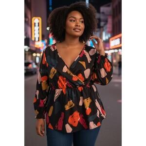 SHEIN Curve 1XL Abstract Print Wrap Dress Long Sleeve Boho Mini